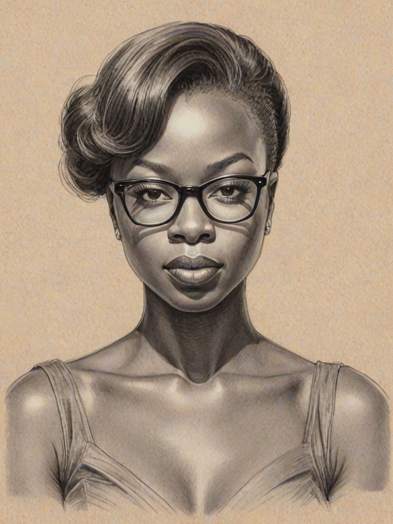 Comely Danai Gurira, pencil sketch, portrait of Dazzling woman 1949s in glasses, hair style beatnik, outline, clear lines, fine lines, 8k