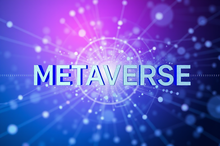 Generate a high-resolution abstract image of the word "METAVERSE" in a futuristic 3D style, surrounded by a network of interconnected dots and lines on a gradient blue to purple background, with a depth of field effect, using a DSLR camera at f/2.8, 24mm lens, ISO 100, and a slow shutter speed to capture light trails.