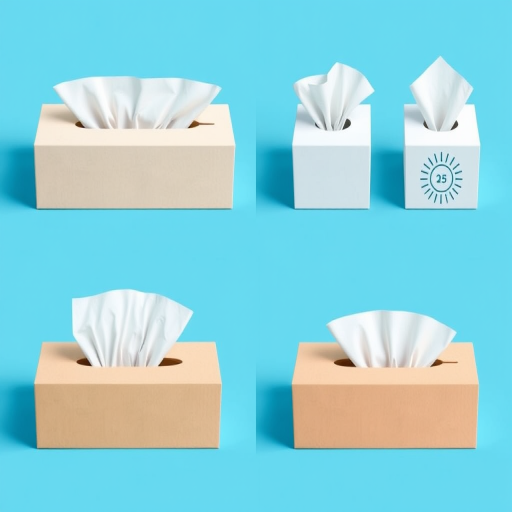 Design a set of six minimalist tissue box illustrations featuring different styles, arranged in a grid format with a bright blue background, using a high-resolution digital camera with a 50mm lens, f/1.8 aperture, 1/200 sec shutter speed, and ISO 100 for enhanced clarity and depth.