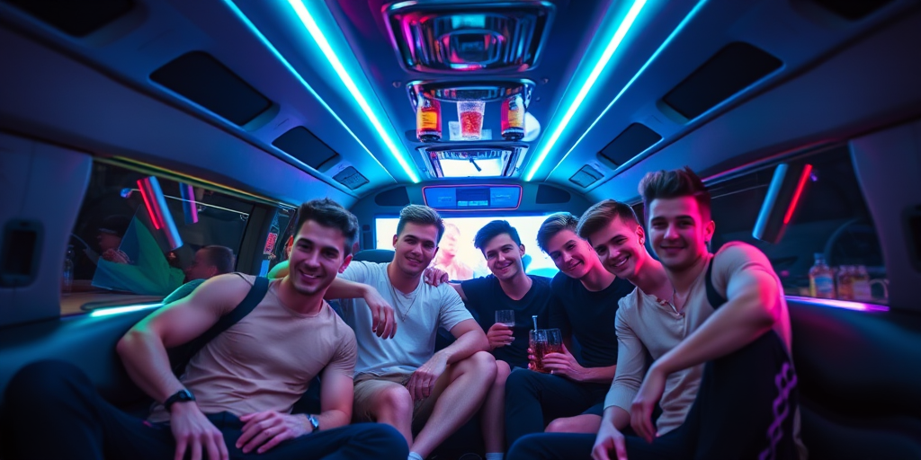 multiple boys,party, couch, vehicle interior, night, neon lights, limousine, alcohol, bar