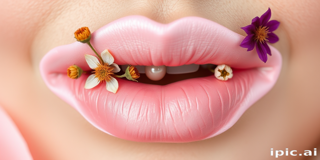 Soft pink satin lips in "Blossom Petal" style, adorned with pressed dried flowers and a subtle pearl sheen, creating a romantic and feminine look