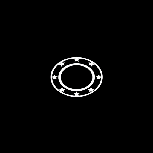Create a high-resolution graphic of a circular logo with a white outline and stars evenly spaced around it, centered on a solid black background, using a DSLR camera, 50mm lens, f/8 aperture, 1/125s shutter speed, and ISO 100 for optimal clarity.