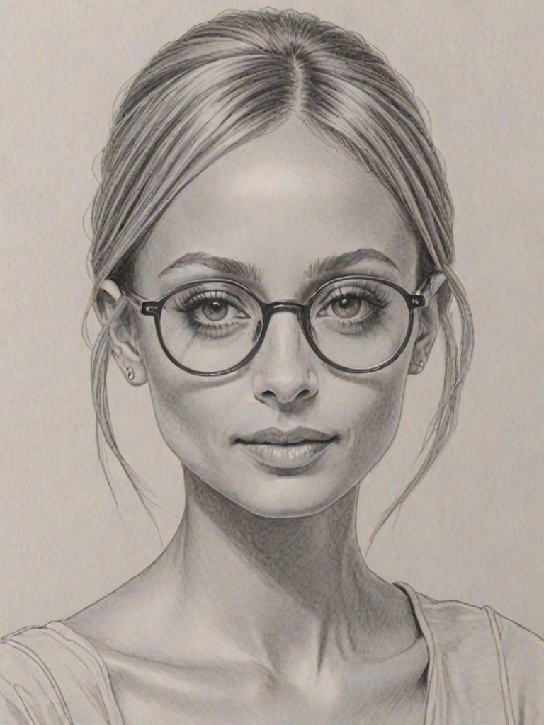 Fetching Nicole Richie, pencil sketch, portrait of Delightful woman 1962s in glasses, hair style beatnik, outline, clear lines, fine lines, 8k