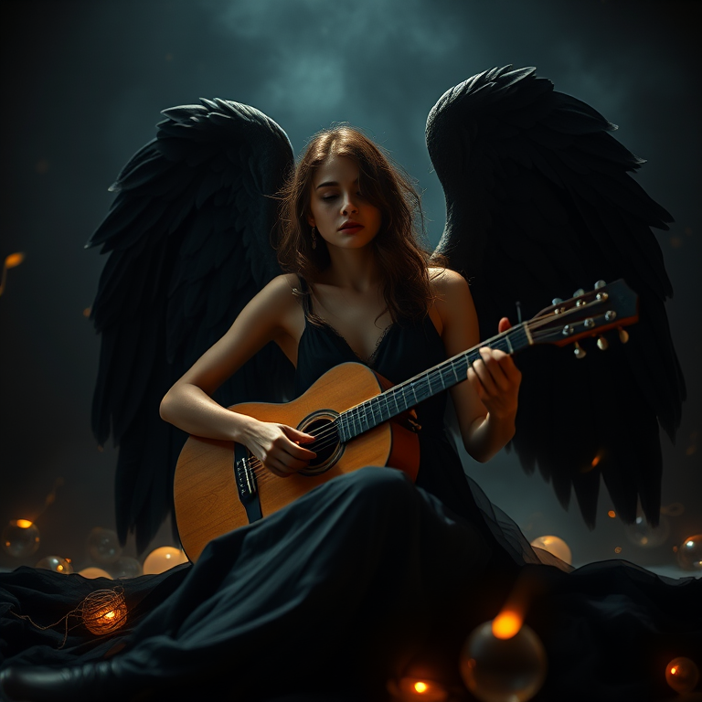 Create an image of a dark, elegant angelic figure with black wings, sitting with a guitar, surrounded by soft glowing light and musical notes, using a Canon EOS R5 with a 50mm lens, f/1.8, ISO 100, in a dramatic low-angle shot to enhance depth and detail.