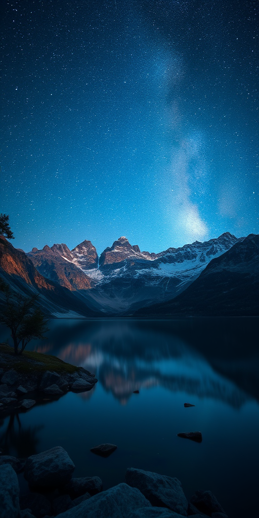 capture a serene mountain landscape under a starry night sky with a calm lake reflecting the scene, use a Canon EOS R5 with a 24mm f/1.4 lens at ISO 800, aperture f/4, shutter speed 15 seconds, apply twilight color grading for a dreamy effect