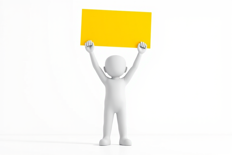 Create a minimalistic scene featuring a 3D character holding a bright yellow sign overhead, shot in high resolution with a Canon EOS R5, 50mm lens at f/1.8, ISO 100, natural light, with a shallow depth of field to emphasize the character and sign against a soft-focus white background.
