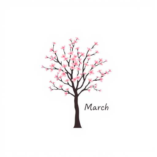 Create a minimalist illustration featuring a pink cherry blossom tree with a white background, accompanied by the text "Hello March" in a stylish font.