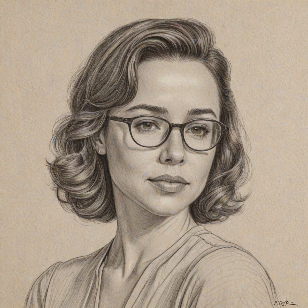 Resplendent Linda Cardellini, pencil sketch, portrait of Stunning woman 1934s in glasses, hair style beatnik, outline, clear lines, fine lines, 8k