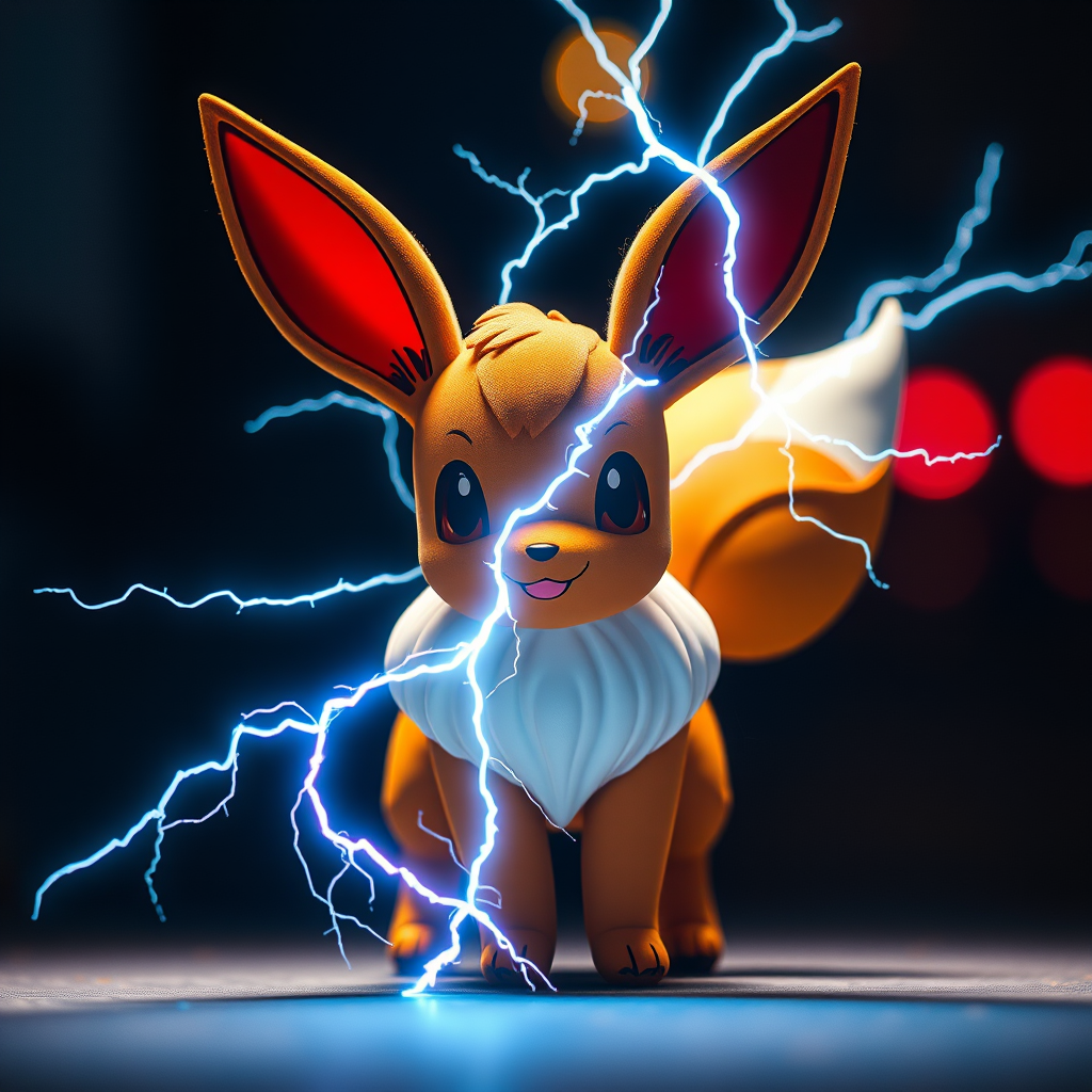 Create an image of a stylized Eevee character with lightning effects, captured with a Canon EOS R5, 50mm lens, f/1.8 aperture, ISO 100, shot from a frontal view in bright, dynamic lighting for enhanced visual impact.