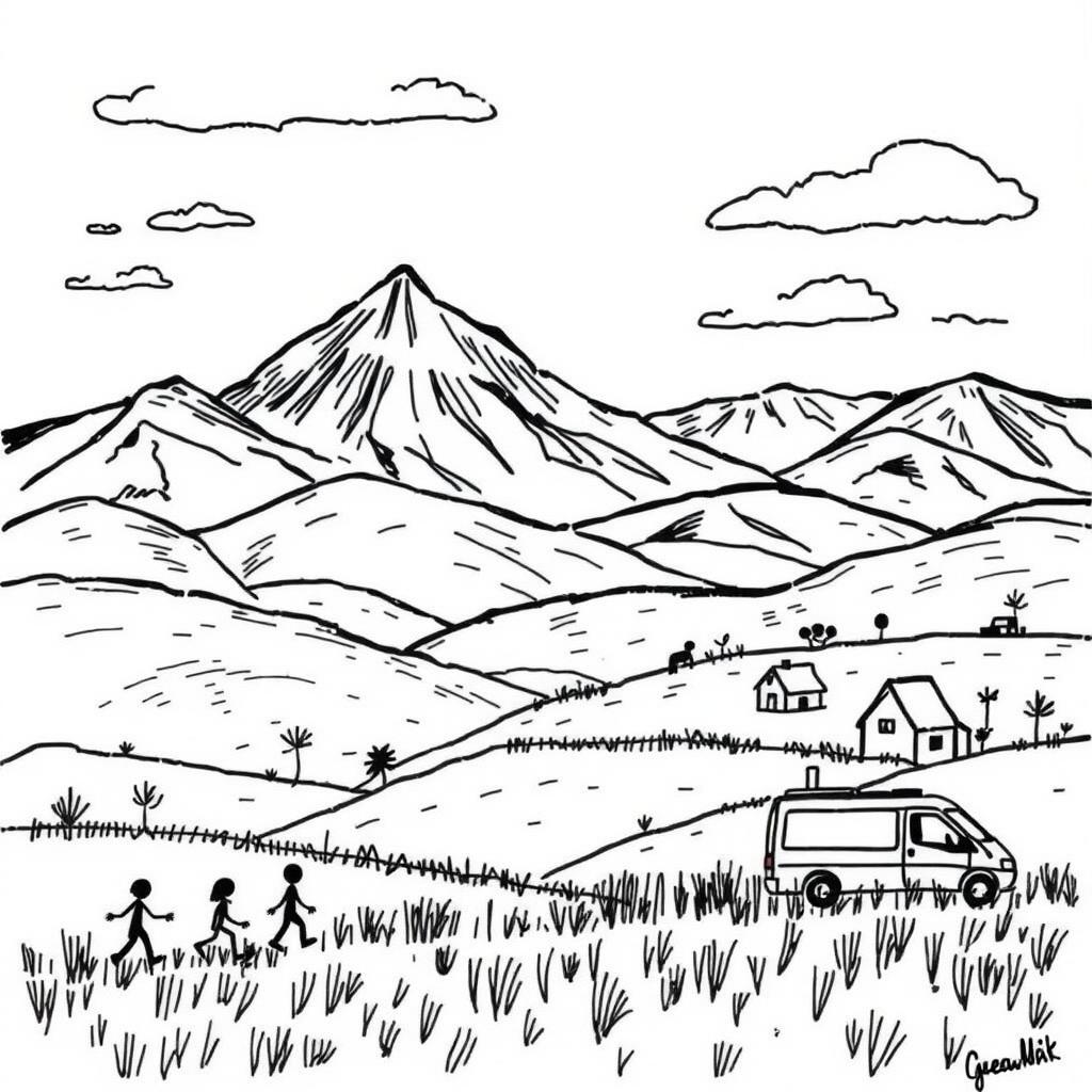 A whimsical black and white drawing of a landscape with mountains, rolling hills, stick figure people walking, two houses, and a van under a cloudy sky, captured with a DSLR camera using a 50mm lens at f/2.8, ISO 100, in a natural daylight setting to enhance contrast and detail.
