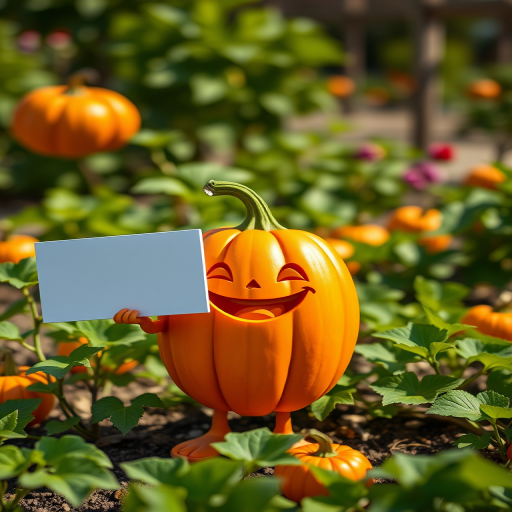 Create a vibrant cartoon image of a pumpkin character with a smiling face, standing on green vines, holding a blank sign, in a sunny garden setting, captured with a DSLR camera at f/2.8 aperture, ISO 100, and a shallow depth of field for enhanced clarity and color contrast.