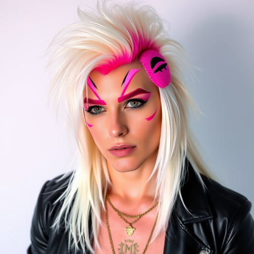 Edgy platinum blonde mullet with neon pink roots and shaved temple designs, styled for maximum volume known as "Retro Futurist" blending nostalgia with avant-garde flair