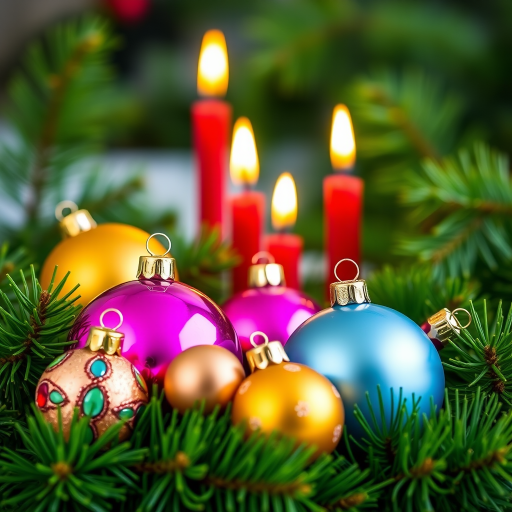 Create a festive composition featuring colorful Christmas ornaments in various sizes, surrounded by vibrant green pine leaves and three lit red candles in the background, shot in high resolution with a DSLR camera at f/2.8, ISO 100, 50mm lens, with soft natural lighting and a shallow depth of field to enhance the details and create a warm holiday atmosphere.