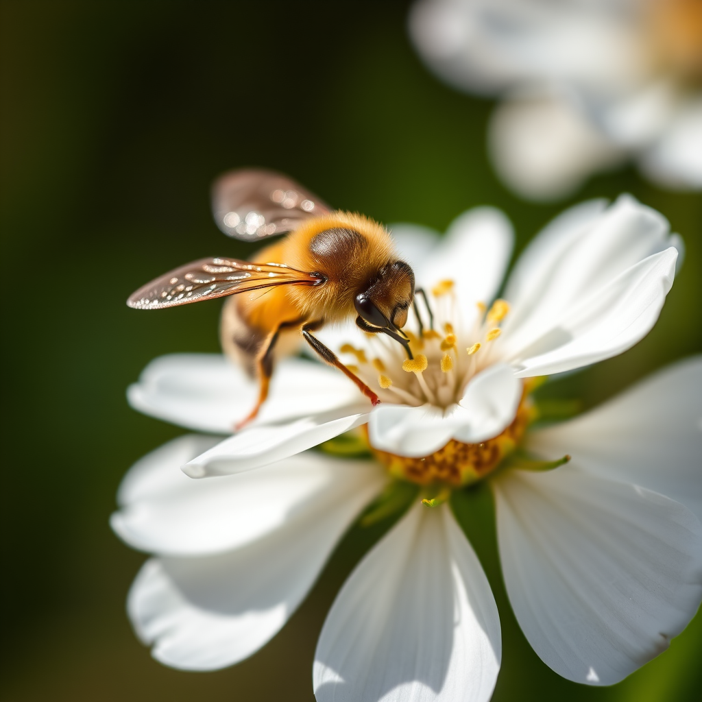 macro shot of a bee on a white flower with shallow depth of field, f-stop 2.8, ISO 100, 100mm lens, natural light, focus on the bee's details, DSLR camera