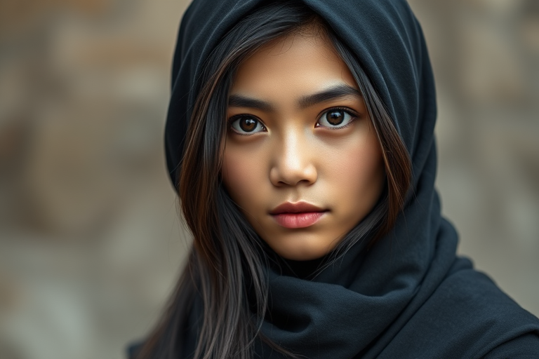 Create a portrait of a young Vietnamese woman with long, dark hair and captivating hazel eyes. She is wearing a black headscarf and a matching scarf draped gracefully around her neck. The background is softly blurred, focusing attention on her serene and natural expression. The overall color palette is muted and warm, enhancing the intimate and authentic feel of the portrait.