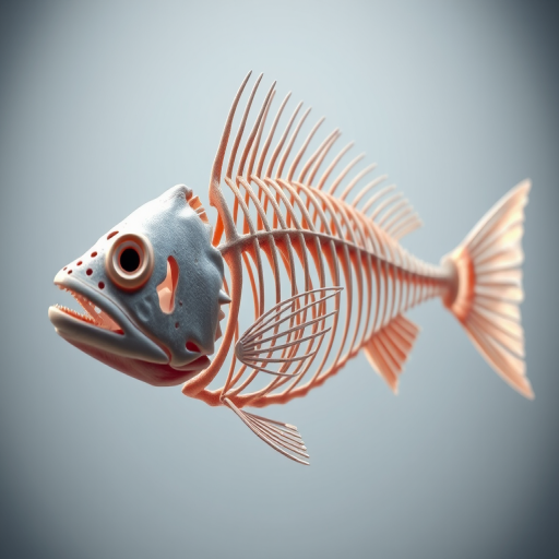 highly detailed 3D render of a fish skeletal structure, studio lighting, macro lens, f/8 aperture, 1/125 sec shutter speed, ISO 100, soft focus background, front view, photorealistic style, high resolution