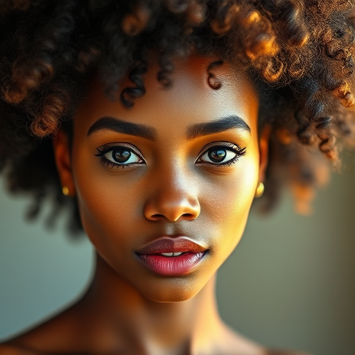portrait of a female model with an afro hairstyle, golden highlights on skin, soft lighting, focal length 85mm, aperture f/1.8, ISO 100, taken with a DSLR camera, shallow depth of field, front view