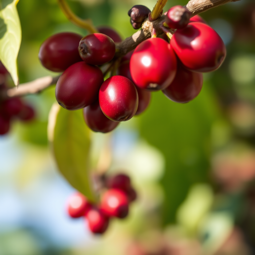 macro shot of coffee cherries on a branch with a blurred background, f/2.8 aperture, 1/500 sec shutter speed, ISO 100, 50mm lens, natural sunlight, vibrant colors