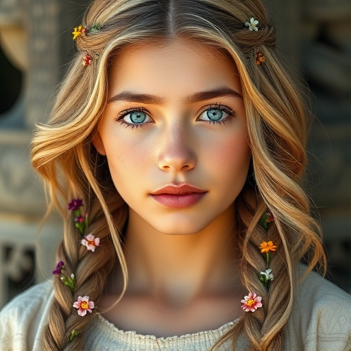 Create an image of a young Inca woman with long, wavy blonde hair, adorned with small, colorful flowers woven into her braids and loose strands. Her complexion is fair, with soft, glowing skin, and she has light blue eyes that gaze softly at the viewer. She wears a light, flowing dress with a gentle, ethereal quality, complementing her delicate and serene appearance. The background is slightly blurred, drawing focus to her tranquil expression and the intricate details of the flowers in her hair. The overall mood of the image is one of natural beauty and grace, evoking a sense of peacefulness and connection with nature.