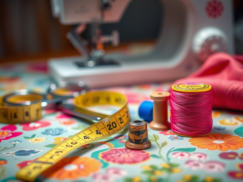 Regenerate an image of a sewing table with measuring tape, scissors, sewing needle, thread spool, and a thimble on colorful fabric, captured with a DSLR camera, f-stop at f/2.8, shutter speed 1/60 sec, ISO 200, using a shallow depth of field for a vibrant, detailed focus.