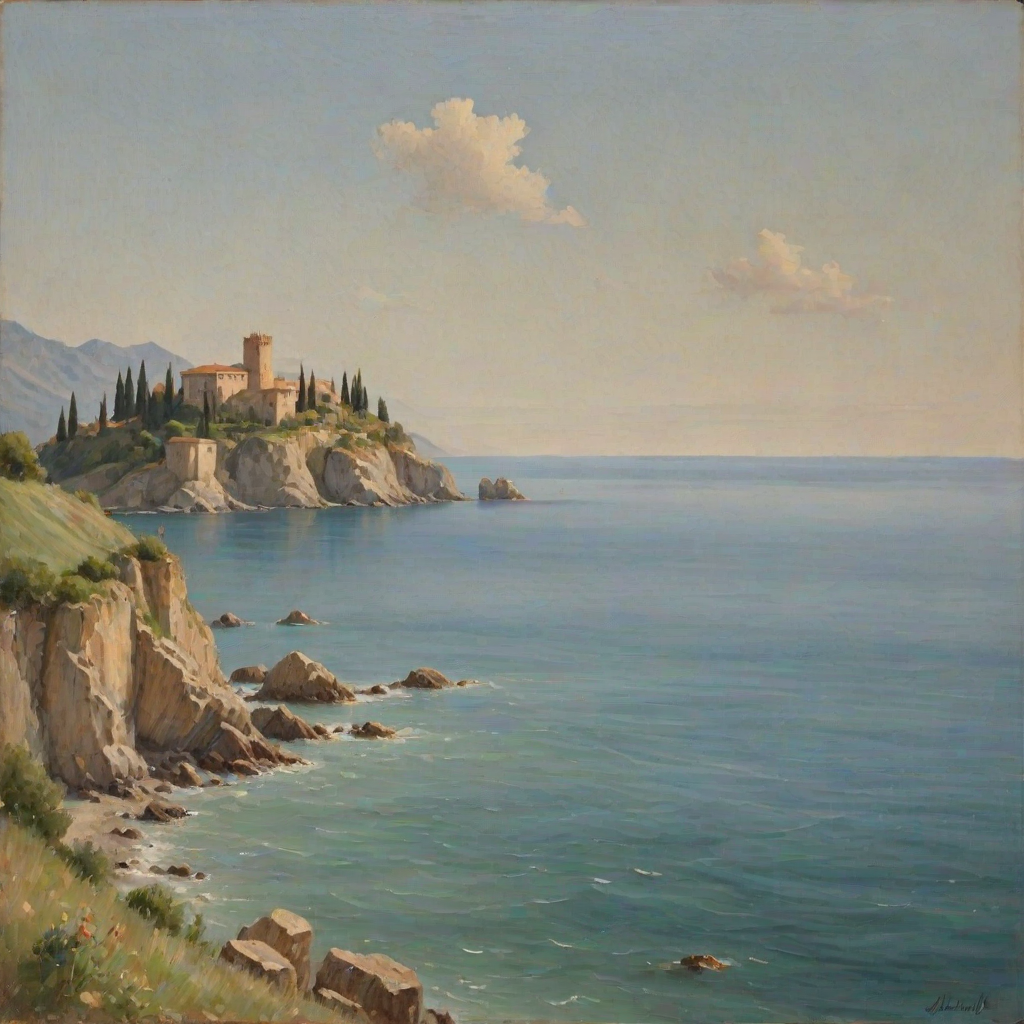 (italian seascape,sea),distant small mediaval italian castle,soft colours,