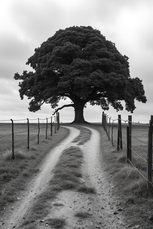 A winding dirt path leading to a large, solitary tree, surrounded by a rustic fence, in black and white, with a moody overcast sky, taken with a Canon EOS 5D Mark IV at f/8, ISO 200, 1/125 sec, shot from a low angle to emphasize the tree's height and texture.