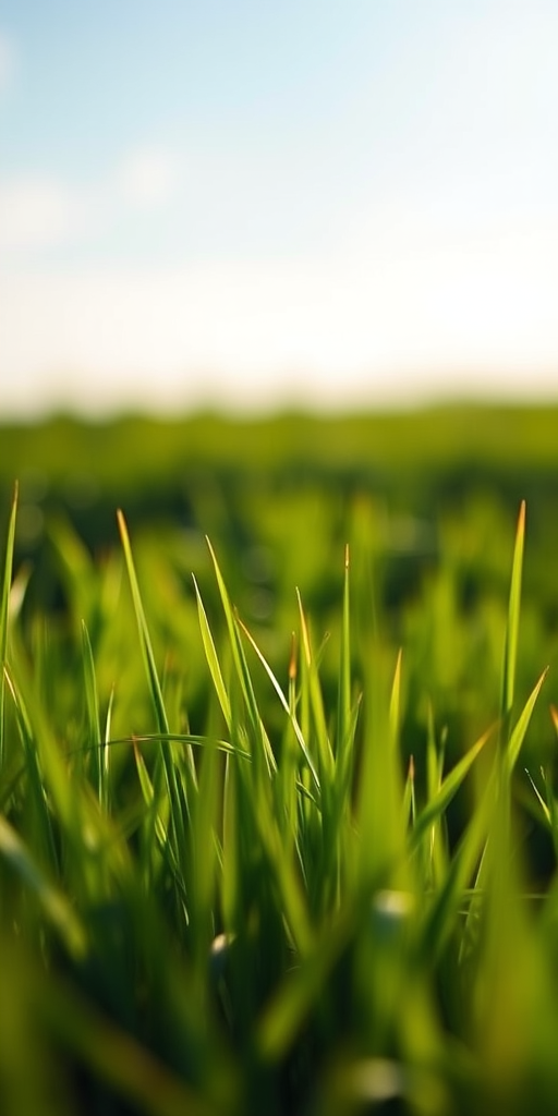 Create a vibrant landscape of lush green grass under a soft blue sky with gentle bokeh effects, shot with a DSLR camera at f/4 aperture, ISO 100, 24mm lens, and a slight vignette for depth.