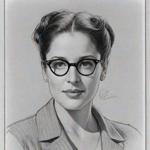 Wonderful Lorraine Bracco, pencil sketch, portrait of Enchanting woman 1937s in glasses, hair style beatnik, outline, clear lines, fine lines, 8k