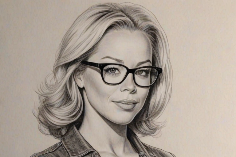 Attractive Kendra Wilkinson, pencil sketch, portrait of Magnificent woman 1956s in glasses, hair style beatnik, outline, clear lines, fine lines, 8k