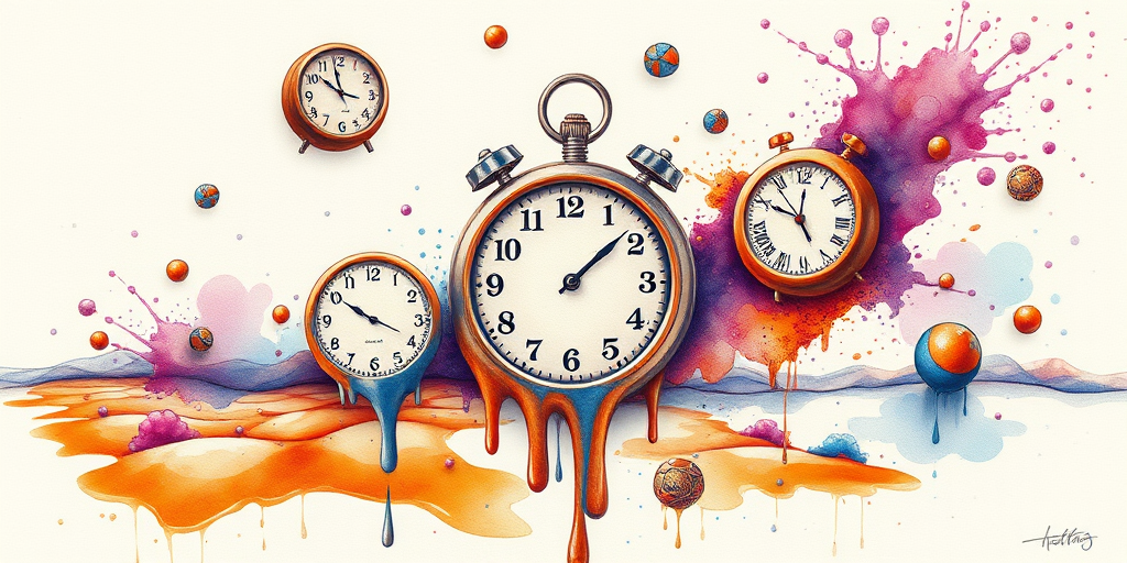 Surrealist watercolor tattoo named "Fluid Imagination" depicting melting clocks and floating objects in a dreamlike landscape with vibrant splashes of orange, purple, and blue
