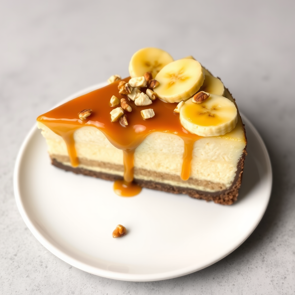 Create an image of a slice of banana caramel cheesecake with a smooth caramel topping drizzled over it topped with banana slices and chopped nuts on a white plate. The cheesecake should have a layered appearance with a chocolate crust and creamy filling.
