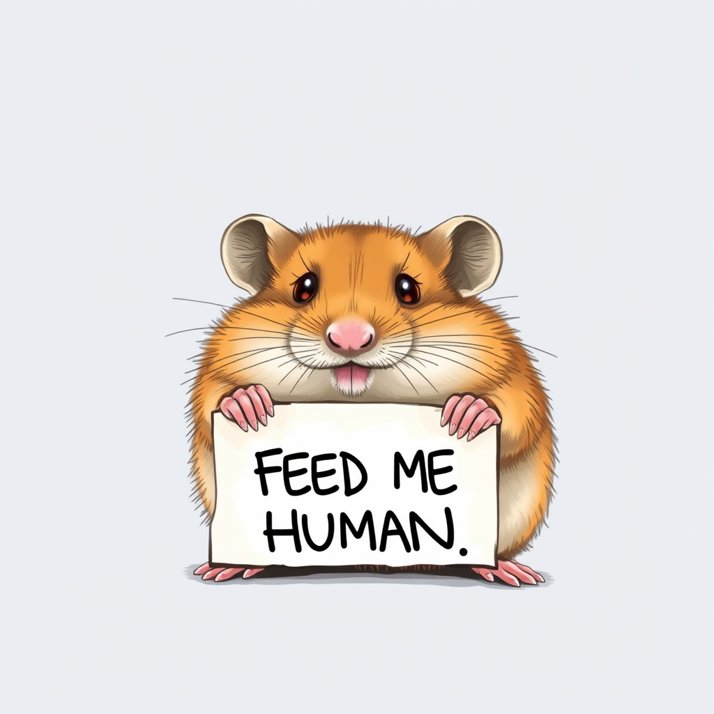 hamster holding a note which says "FEED ME HUMAN"