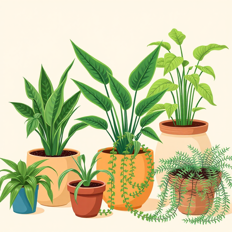 Create a vibrant illustration of potted plants including snake plants, ferns, and a trailing plant on a soft beige background, captured with a DSLR camera, 50mm lens, f/2.8 aperture, ISO 100, in natural lighting for enhanced colors and depth.