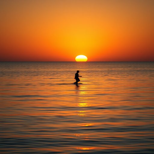 sunset over a calm ocean with a silhouette of a person walking on water, soft warm light reflecting on the surface, Canon EOS R, 50mm lens, f/8, ISO 100, 1/125 sec, landscape orientation, golden hour lighting