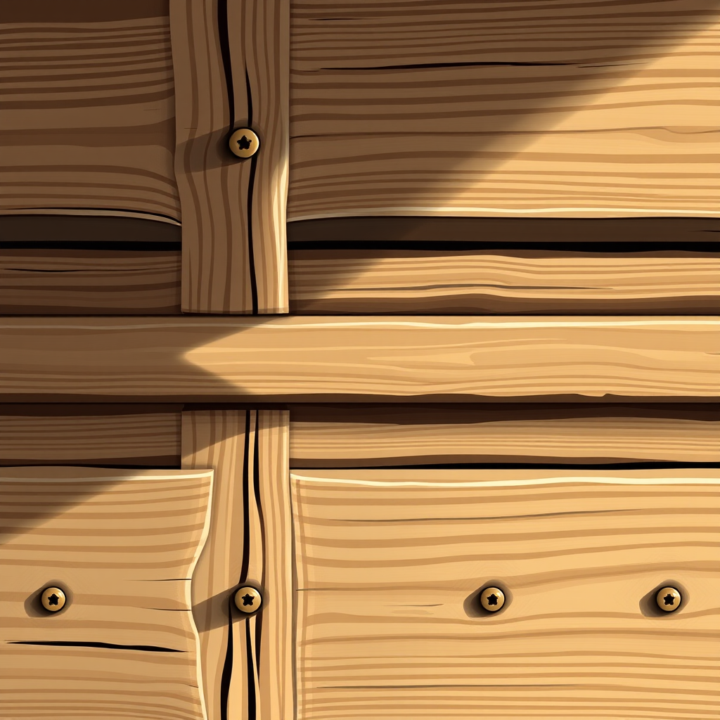Create a high-resolution digital illustration of two wooden planks, one vertical and one horizontal, with visible metal nails, using a DSLR camera with a 50mm lens, aperture set to f/2.8 for shallow depth of field, captured from a slightly elevated angle to emphasize texture and shadow.