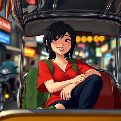 Cartoon Movie​ scene, a 18yr kindness grin Japanese woman,oval face , mullet medium long messy black side hair, wear a red shirt ,black jeans ,navy slip-on​,with green backpack, relax​ sitting on a seat in a thai tuk-tuk, tuk-tuk a silver metal roof that reflects light, There are blurred street lights and shops Chinatown Bangkok in the background.