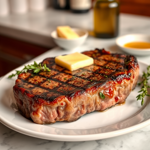 Create an image of a perfectly seared ribeye steak, resting on a white plate with a pat of melting butter on top. The steak is seasoned with fresh herbs like thyme and parsley, with glistening juices highlighting the texture of the meat. The background features a soft focus on a light, marble countertop, with a small dish of butter and an olive oil bottle in the distance. The overall mood should be warm and inviting, capturing the deliciousness and juiciness of the steak.