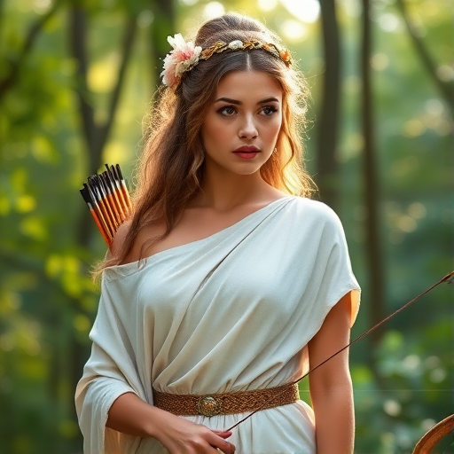 Create a portrait of a goddess-like Coptic girl figure in a tranquil, forested environment. She has an elegant appearance with long, wavy hair styled in an updo and adorned with a delicate, floral headband. She wears a flowing, ancient Greek-inspired gown in a soft, pale color, featuring a one-shoulder design and draped fabric that accentuates her graceful form. The outfit includes a decorative belt with ornate gold detailing, and she holds a bow in her hand, with a quiver of arrows slung over her shoulder. The background depicts lush greenery, with sunlight filtering through the trees, casting a gentle, ethereal light on the scene. Her expression is calm and contemplative, embodying a sense of wisdom and serenity.