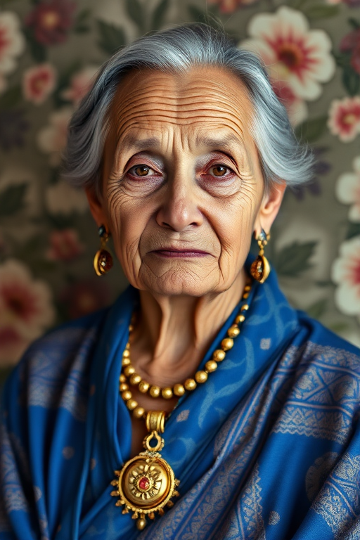 Create a high-resolution portrait of an elderly woman with expressive features, wearing a vividly patterned blue robe and adorned with intricate jewelry, set against a textured floral background, captured with a Canon EOS R5 at 50mm f/1.4, using a soft focus style and natural lighting to enhance detail and color vibrancy.