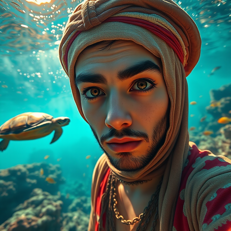 Realistic selfie image of a Coptic, wearing a vintage outfit, detailed dreamy eyes, droopy hooded eyes, staring at the camera, taken underwater at coral reef with a sunbeam filtering through the water, vibrant, summer vacation, natural lighting, turtle and school of tropical fish with vibrant colors, rendered in the style of CryEngine, Pegi Nicol MacLeod, with realistic genre scenes, hauntingly beautiful narratives, ultra-realism, and Thomas Saliot's close-up technique, 8K resolution, crystal clear and sparkling water.
