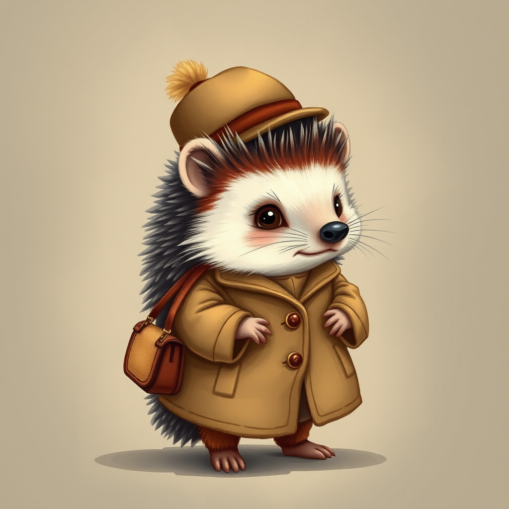 Create a detailed illustration of a cute hedgehog dressed in a vintage style coat and hat, carrying a small bag, standing in a portrait view, using a soft focus lens with a shallow depth of field to create a dreamy effect, shot with a DSLR camera at f/2.8, ISO 100, and a shutter speed of 1/125 sec.