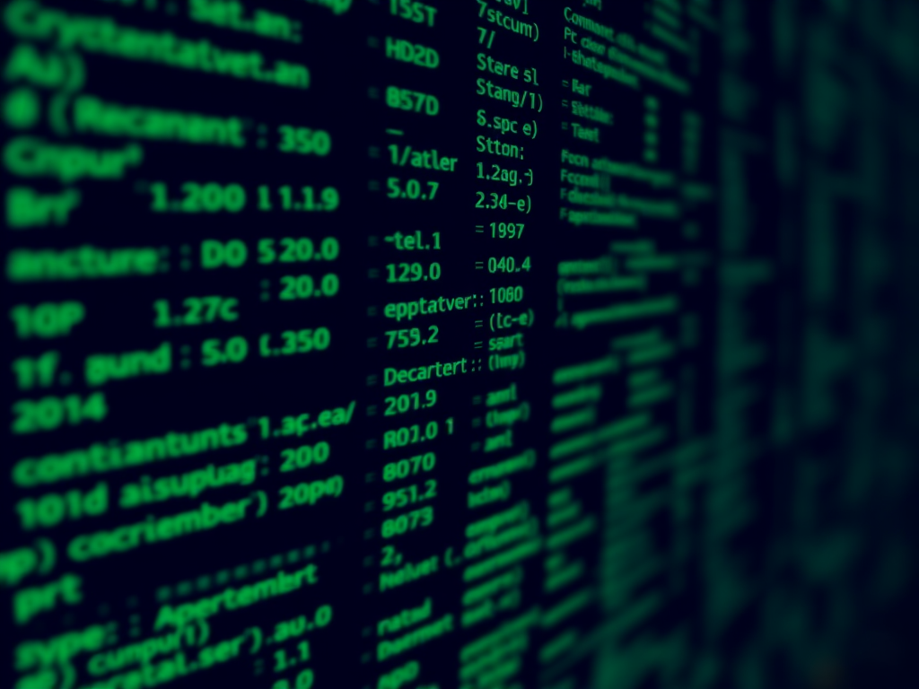 Generate a high-resolution image of digital computer code displayed in a green-on-black color scheme, using a Canon EOS R5 camera with a 50mm lens, aperture set at f/1.8, ISO 400, and a low-angle shot for depth enhancement.