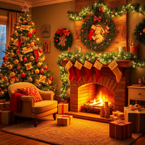 Create a warm and inviting holiday scene featuring a beautifully decorated Christmas tree with twinkling lights, stockings hung above a cozy fireplace, and festive decorations around the room. Include a comfortable armchair and a soft rug on the floor, with gift boxes wrapped in colorful paper nearby. The overall atmosphere should be cheerful and magical, evoking the spirit of the holiday season.