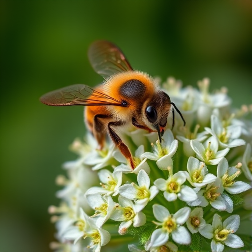 macro photograph of a bee collecting nectar from a cluster of mint flowers, shallow depth of field, aperture f/2.8, ISO 200, shutter speed 1/500s, natural light, high-resolution DSLR camera