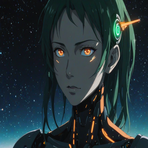 Anime screencap featuring a Minimalist and abstract side profile of a robot woman with a universe sprouting from her mind as she opens her eyes and attains consciousness for the first time in the dark. She has beautiful and intelligent bright orange eyes brimming with knowledge and benevolence. Mostly in hues of blue and green