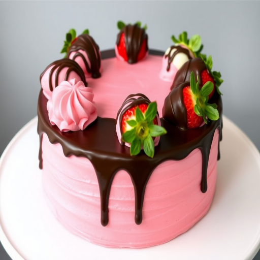 A beautifully decorated chocolate and strawberry cake featuring a smooth pink frosting adorned with swirls of pink icing and topped with chocolate-covered strawberries, drizzled with chocolate ganache, sitting on a white plate.