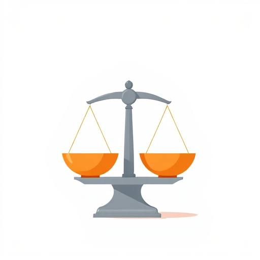 Generate a flat design illustration of a balanced scale, with orange bowls and a gray stand, using a Canon EOS R5 camera, 50mm f/1.8 lens, aperture set to f/5.6, ISO 100, and a clean white background for high contrast and clarity.