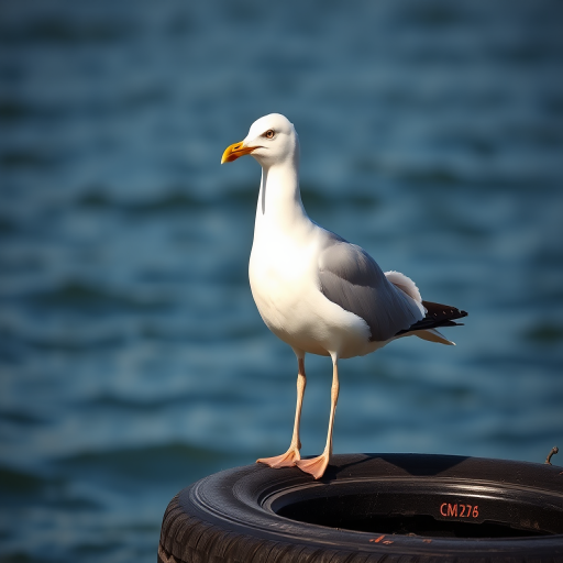 A seagull standing on a tire by the water, captured with a Canon EOS 5D Mark IV at f/8, 1/500s, ISO 200, 85mm lens, natural light, shallow depth of field for a soft background.