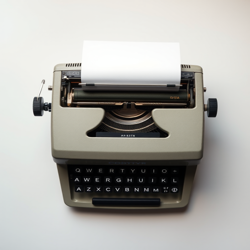 Create a high-resolution image of a vintage printer on a white background with a stack of printed paper in front, using a DSLR camera at f/2.8 aperture, ISO 100, 50mm lens, shot from a top-down view for an artistic perspective.