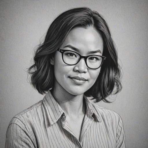 Comely Ali Wong, pencil sketch, portrait of Delightful woman 1949s in glasses, hair style beatnik, outline, clear lines, fine lines, 8k